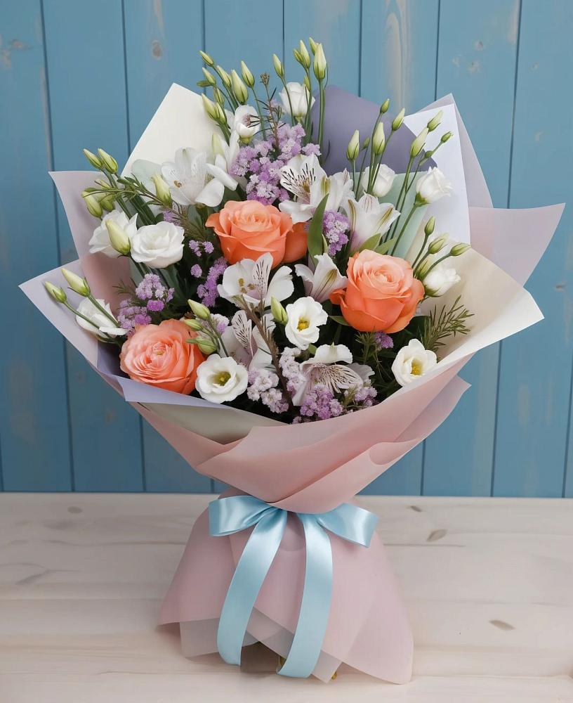 Букет цветов из: Лизиантусы, Розы, Альстромерии и Гипсофила в Григорополисской