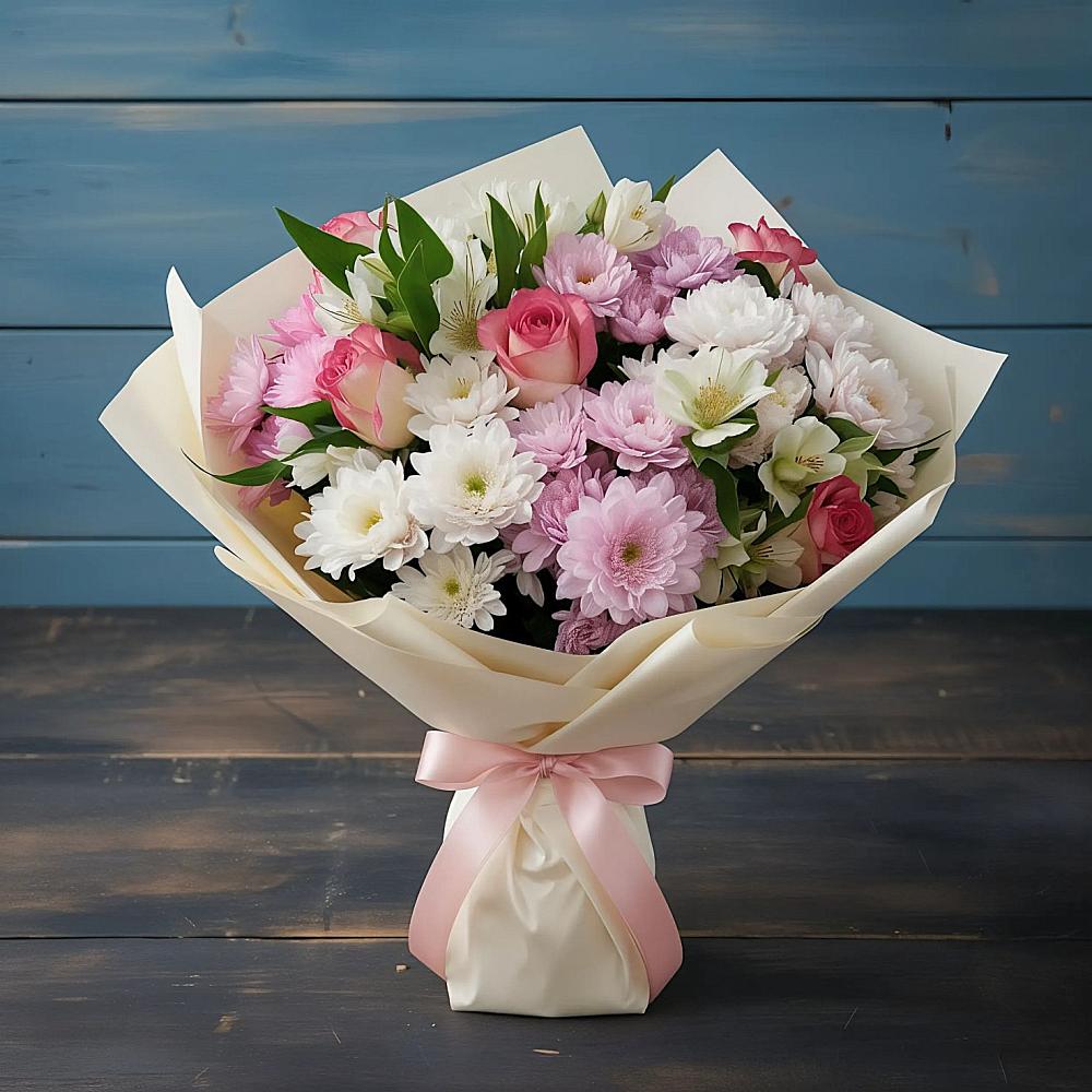 Букет цветов из: Хризантемы, Альстромерии и Розы в Григорополисской